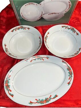 Tienshan Poinsettia & Ribbons 3 Piece Completer Set 1 Platter 2 Serving Bowls